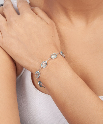 Silver Blue Topaz Station Chain Bracelet