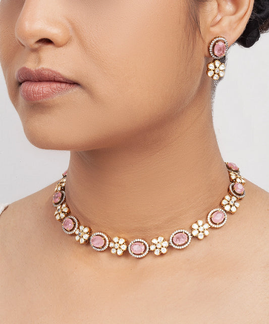 Silver Vivid Pink Doublet and Moissanite Floral Necklace