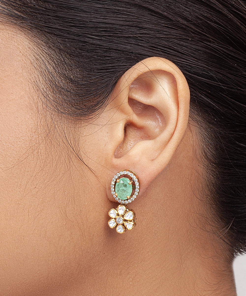 Silver Vivid Green Doublet and Moissanite Flower Earrings