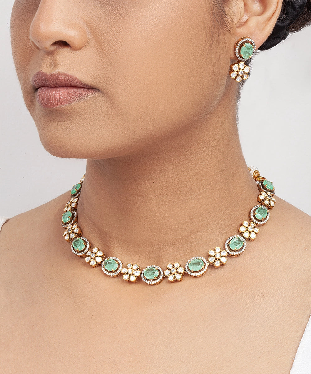 Silver Vivid Green Doublet and Moissanite Floral Necklace
