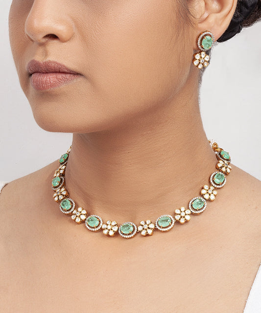 Silver Vivid Green Doublet and Moissanite Floral Necklace