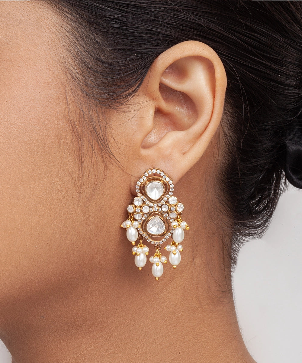 Silver Heirloom Jadau Pearl and Moissanite Earrings