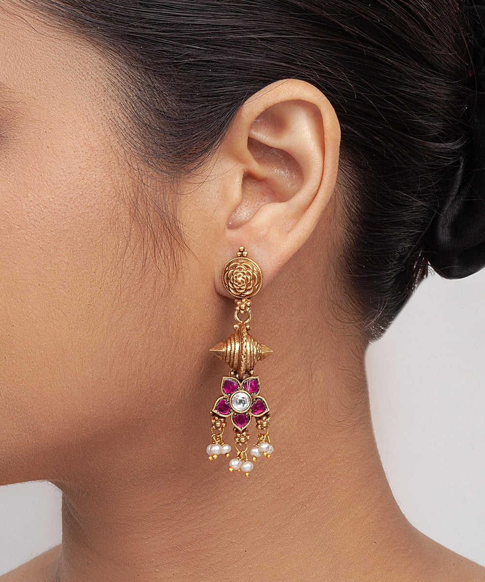 Silver Matte Gold Finish Danglers with Temple Drop