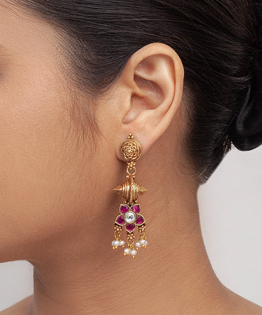 Silver Matte Gold Finish Danglers with Temple Drop