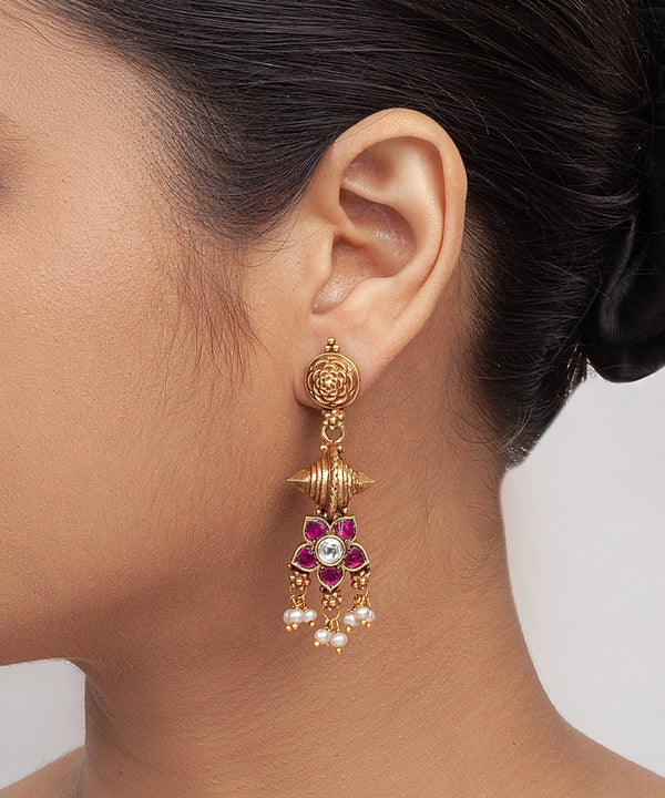 Silver Matte Gold Finish Danglers with Temple Drop