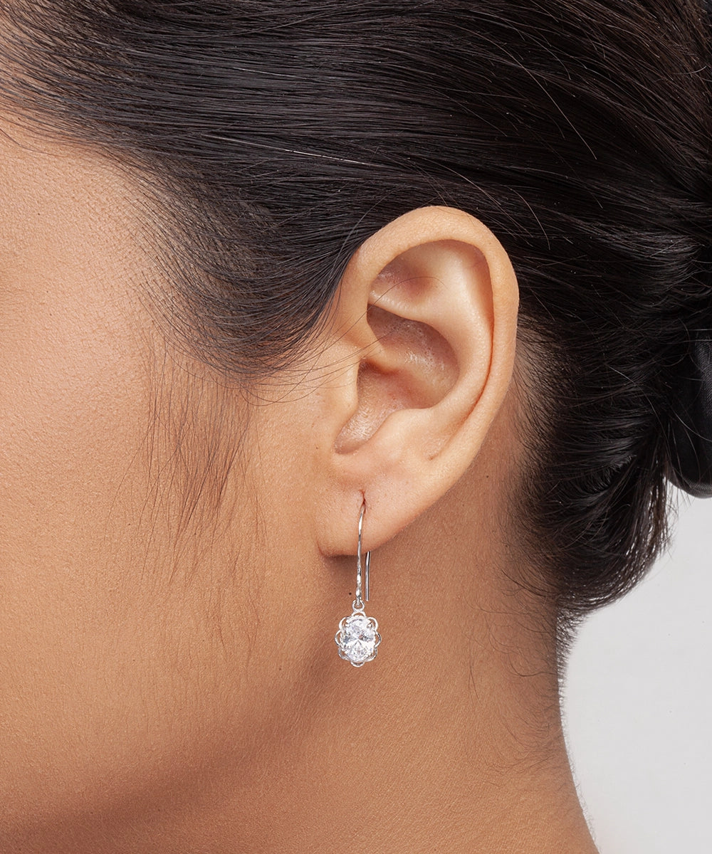 Silver Scalloped Bezel Oval Dangle Earrings