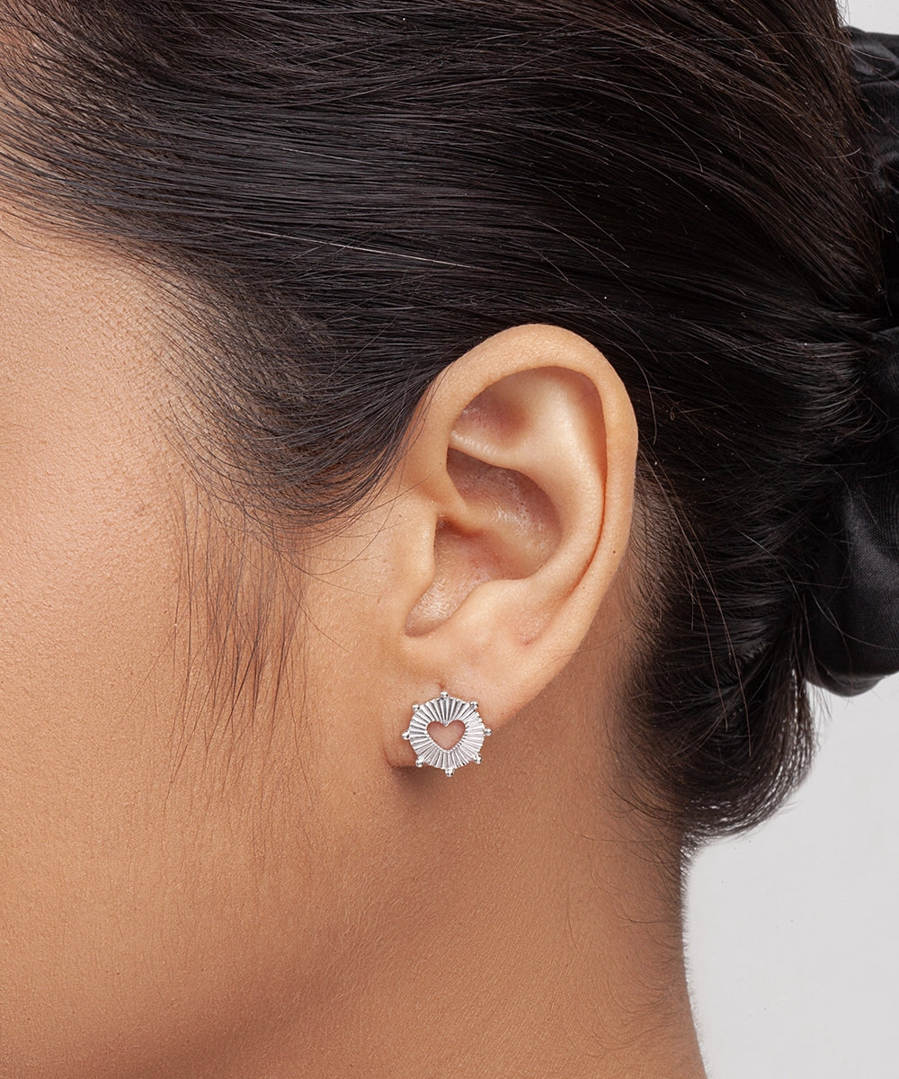 Silver Grooved Halo Heart Statement Studs