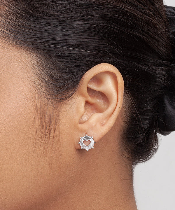 Silver Grooved Halo Heart Statement Studs
