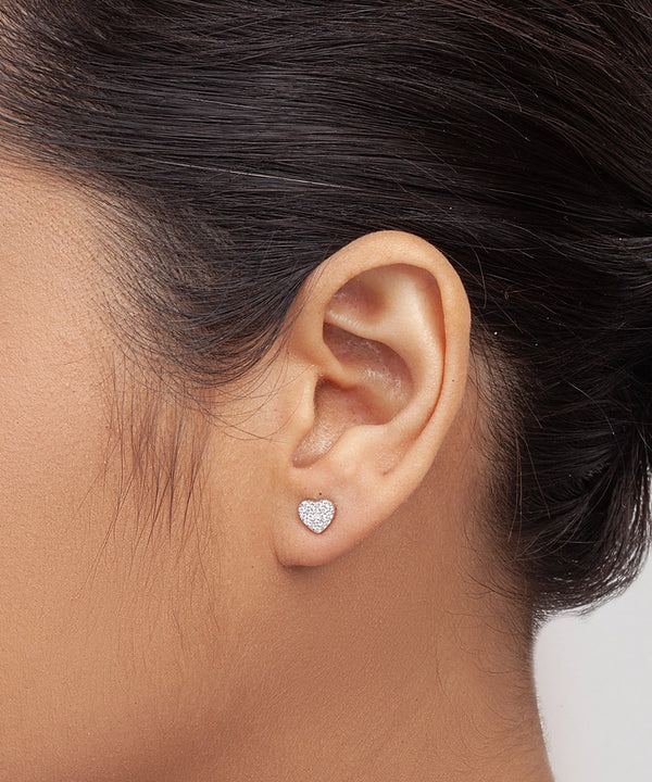 Silver Sparkling Pave Heart Stud Earrings