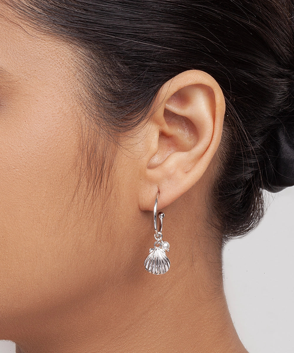 Silver Seashell and Pearl Hoop Earrings