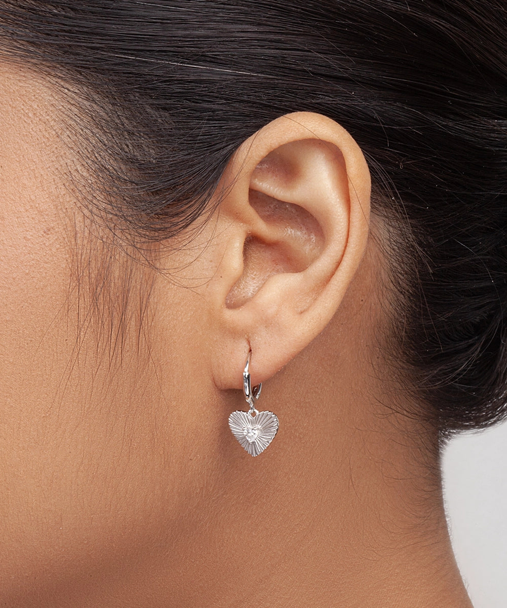 Silver Sunburst Heart Charm Hoop Earrings