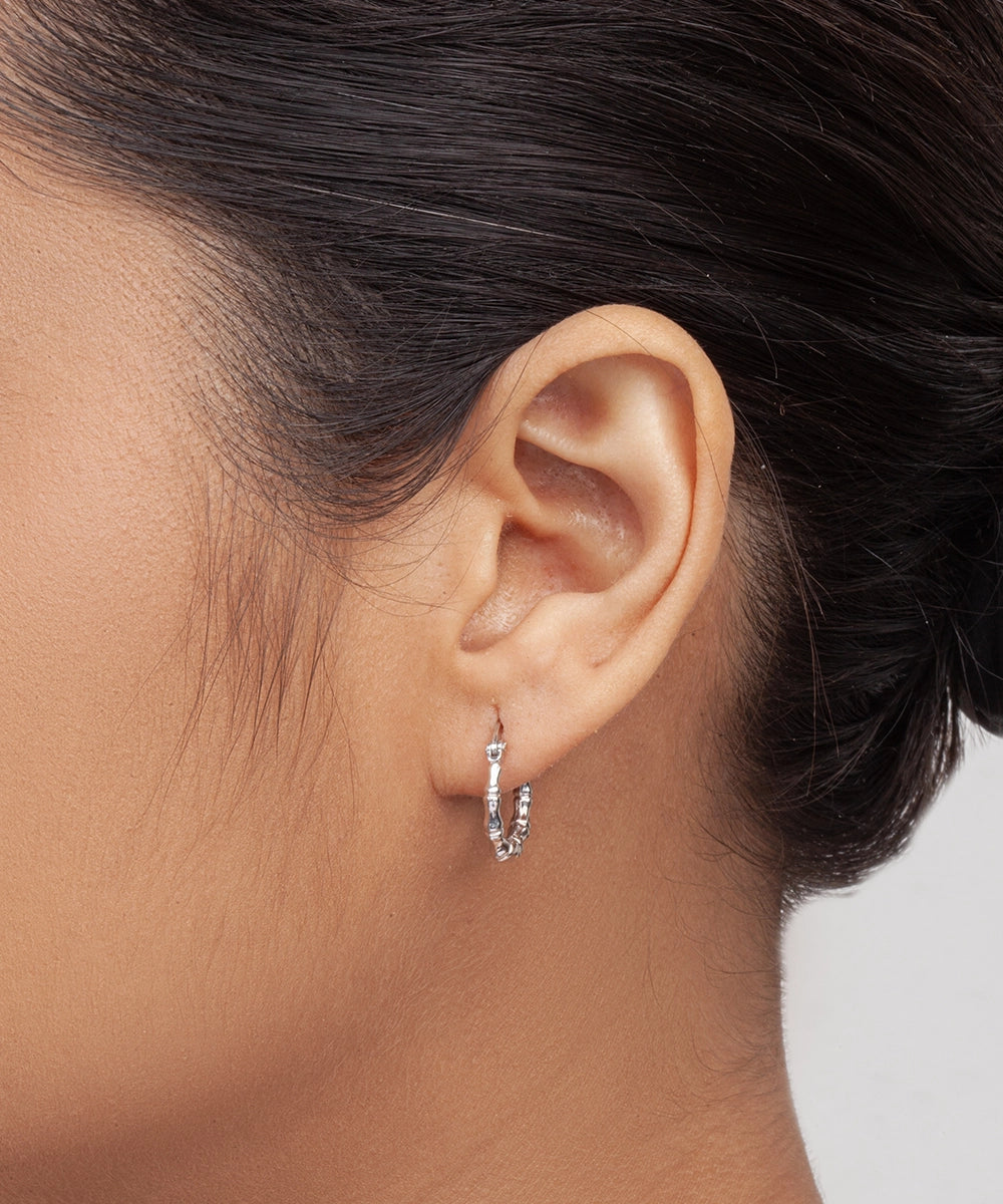 Silver Bamboo Textured Hoop Earrings