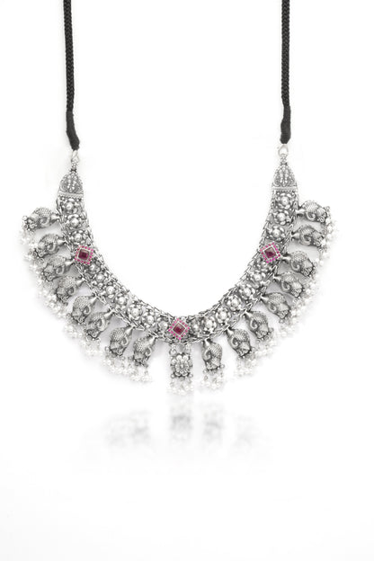 The Heritage Elephant: Oxidized Silver Tribal Hasli Necklace