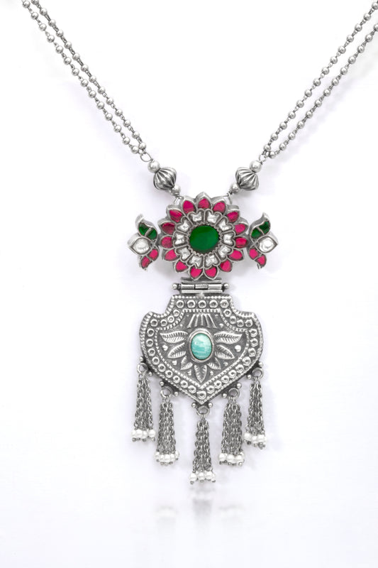 The Royal Jharokha: Floral Enamel & Oxidized Silver Statement Necklace