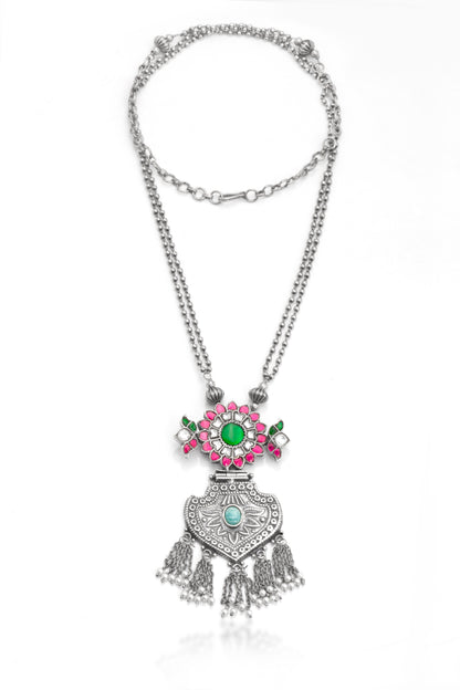 The Royal Jharokha: Floral Enamel & Oxidized Silver Statement Necklace