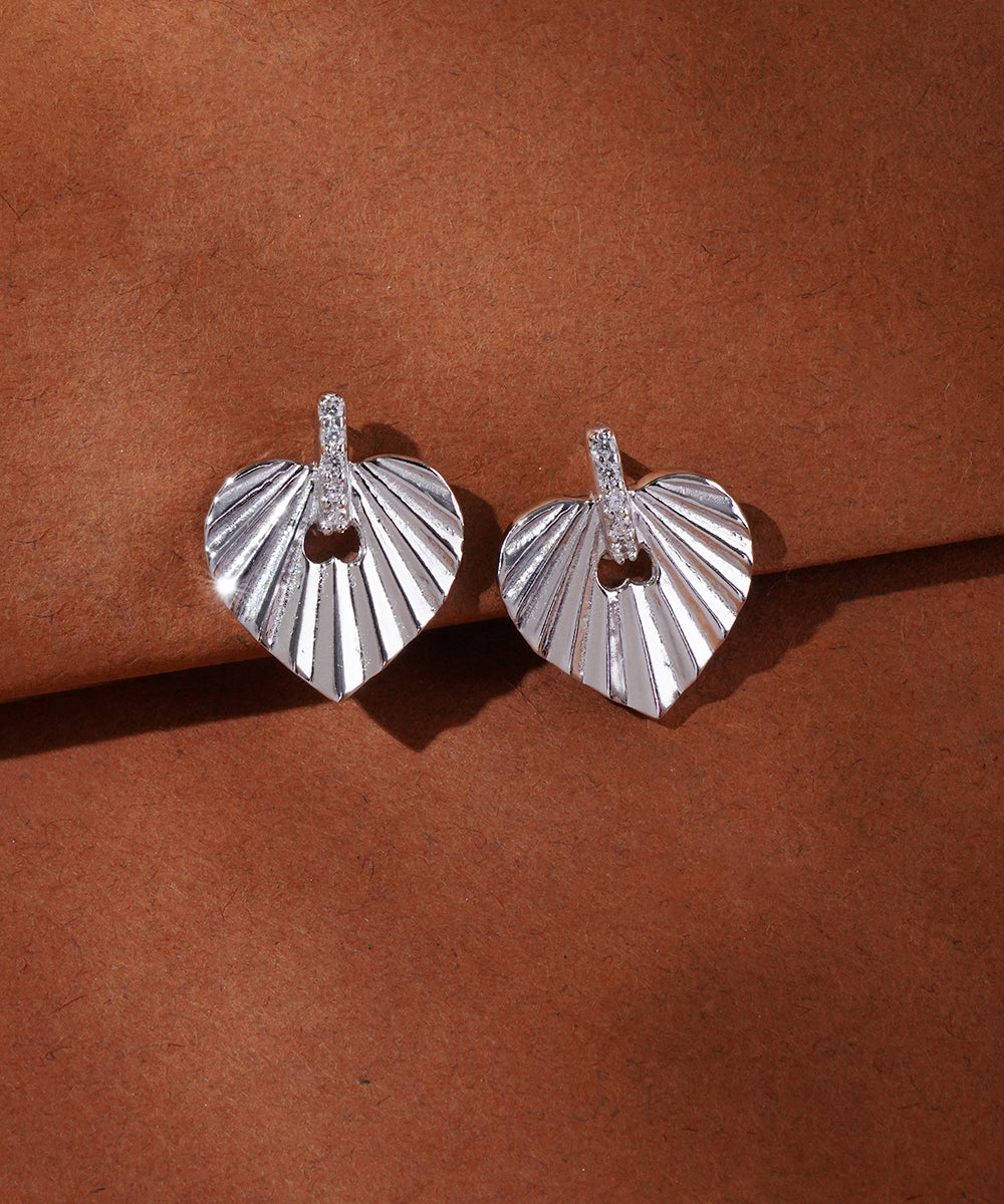 Silver Pave Accent Grooved Heart Studs