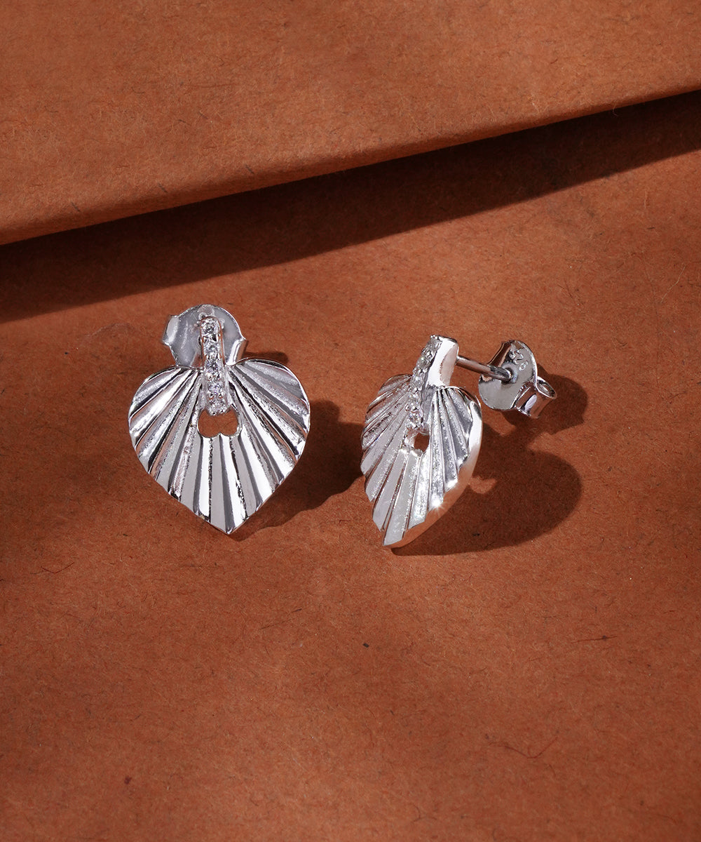 Silver Pave Accent Grooved Heart Studs