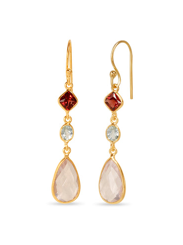 Twilight Teardrop Garnet, Blue Topaz & Rose Quartz Earrings